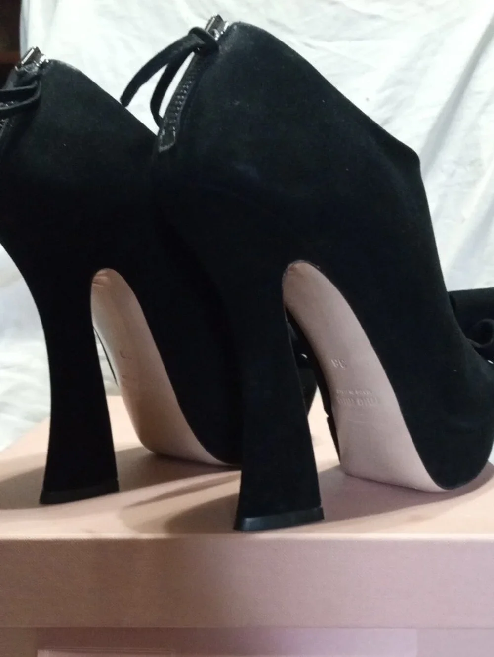 Miu Miu Black Suede Peep-Toe High Heel Booties with Bow Accent